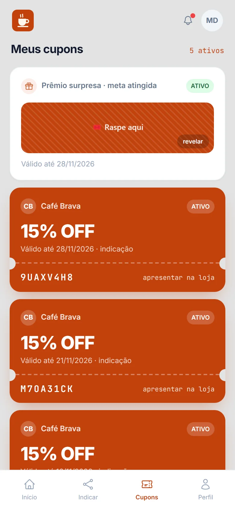 Cupons da cliente no app da Café Brava, com 15% de desconto
