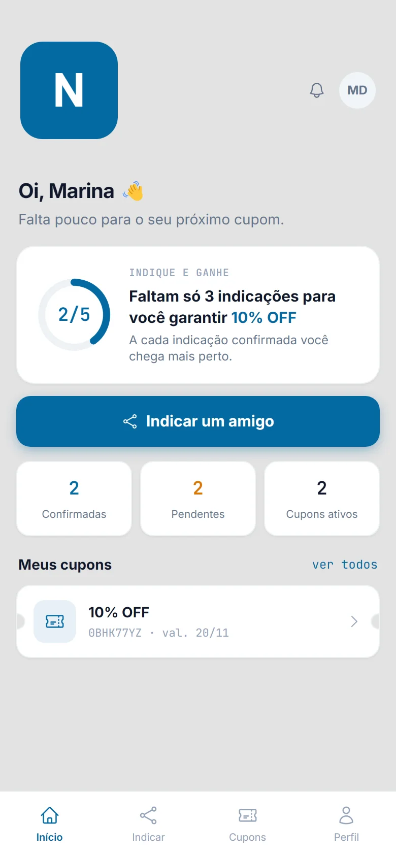 App da Nordly, em azul, com o progresso de indicações da cliente