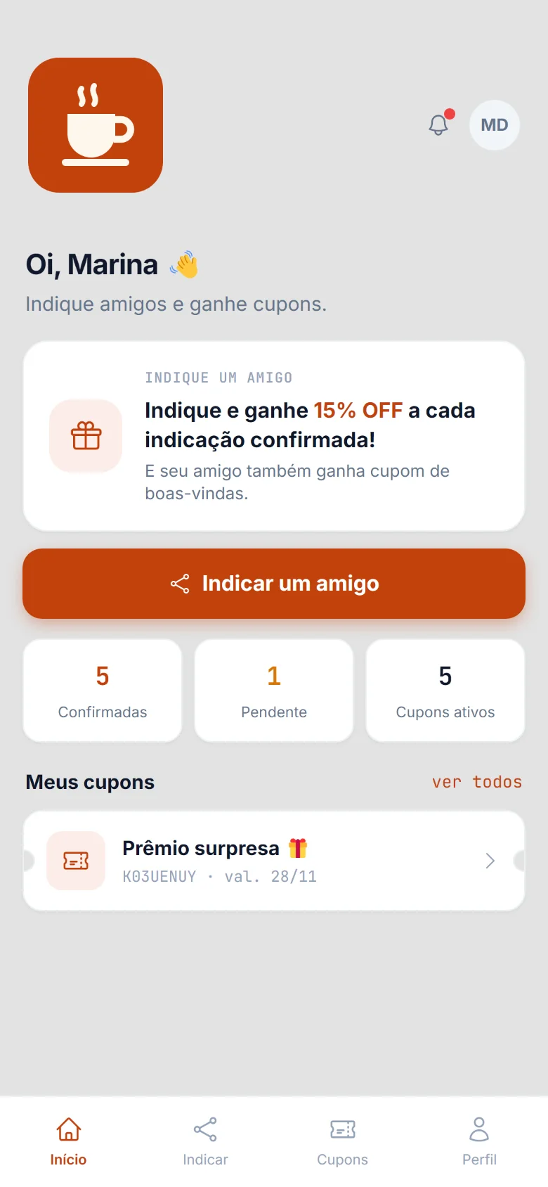 Tela inicial do app da Café Brava, com o progresso de indicações da cliente