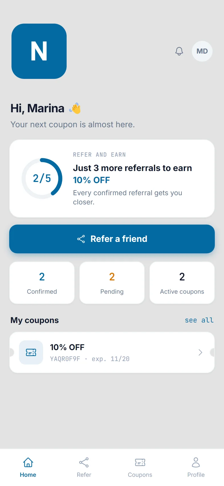 Nordly's app, in blue, with the customer's referral progress