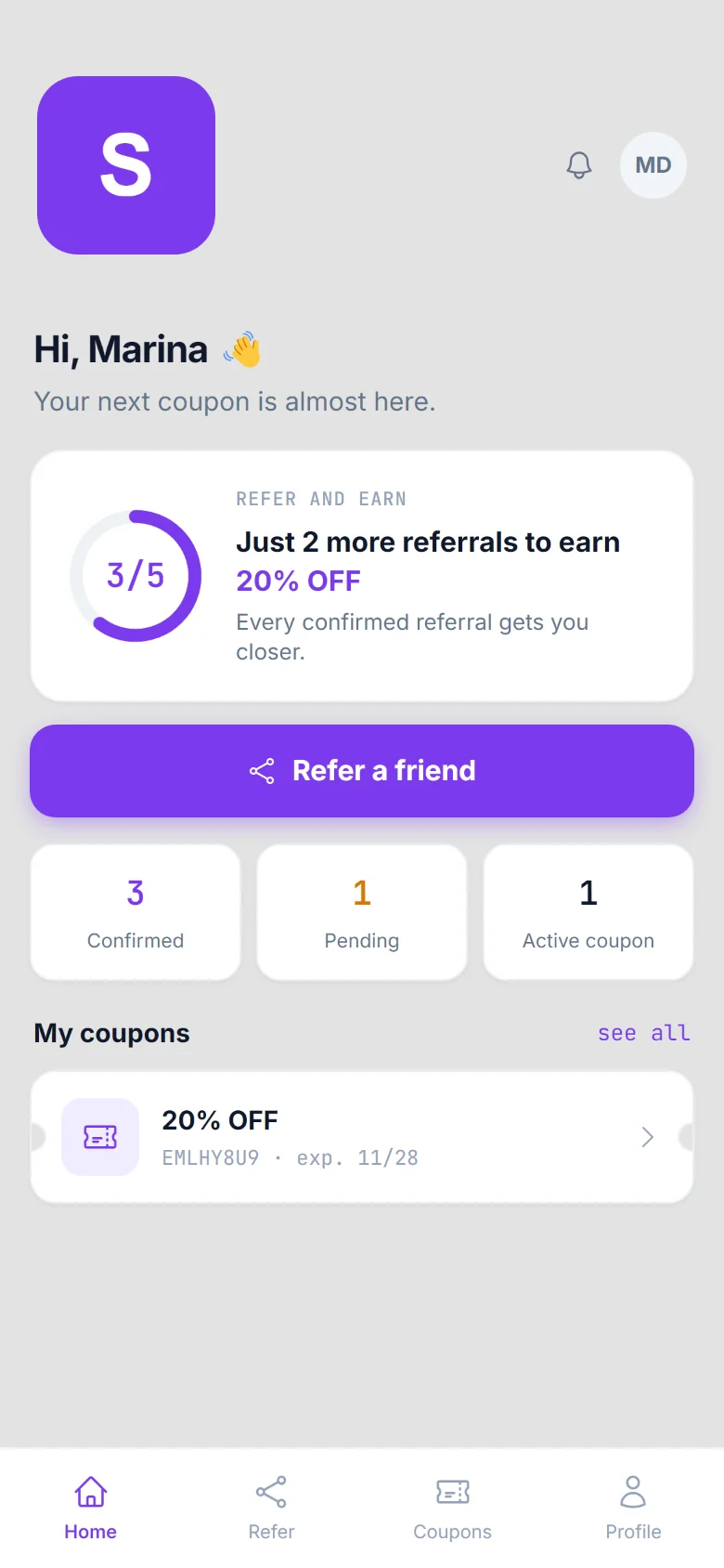 Studio Lumo's app, in purple, with the customer's referral progress