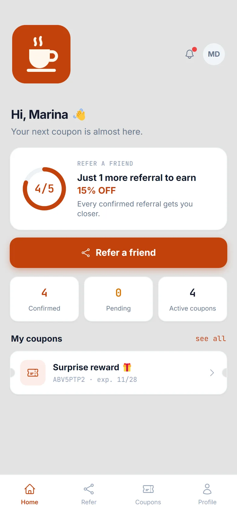 Home screen of Café Brava's app, showing the customer's referral progress