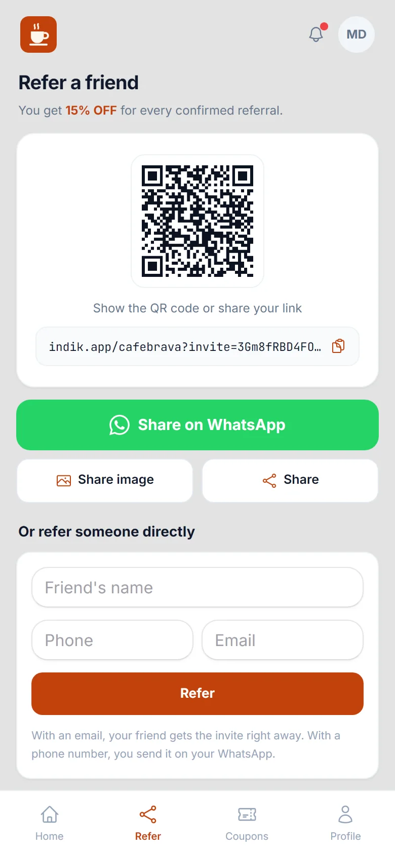 Referral screen of the store app, with a QR code and a share on WhatsApp button