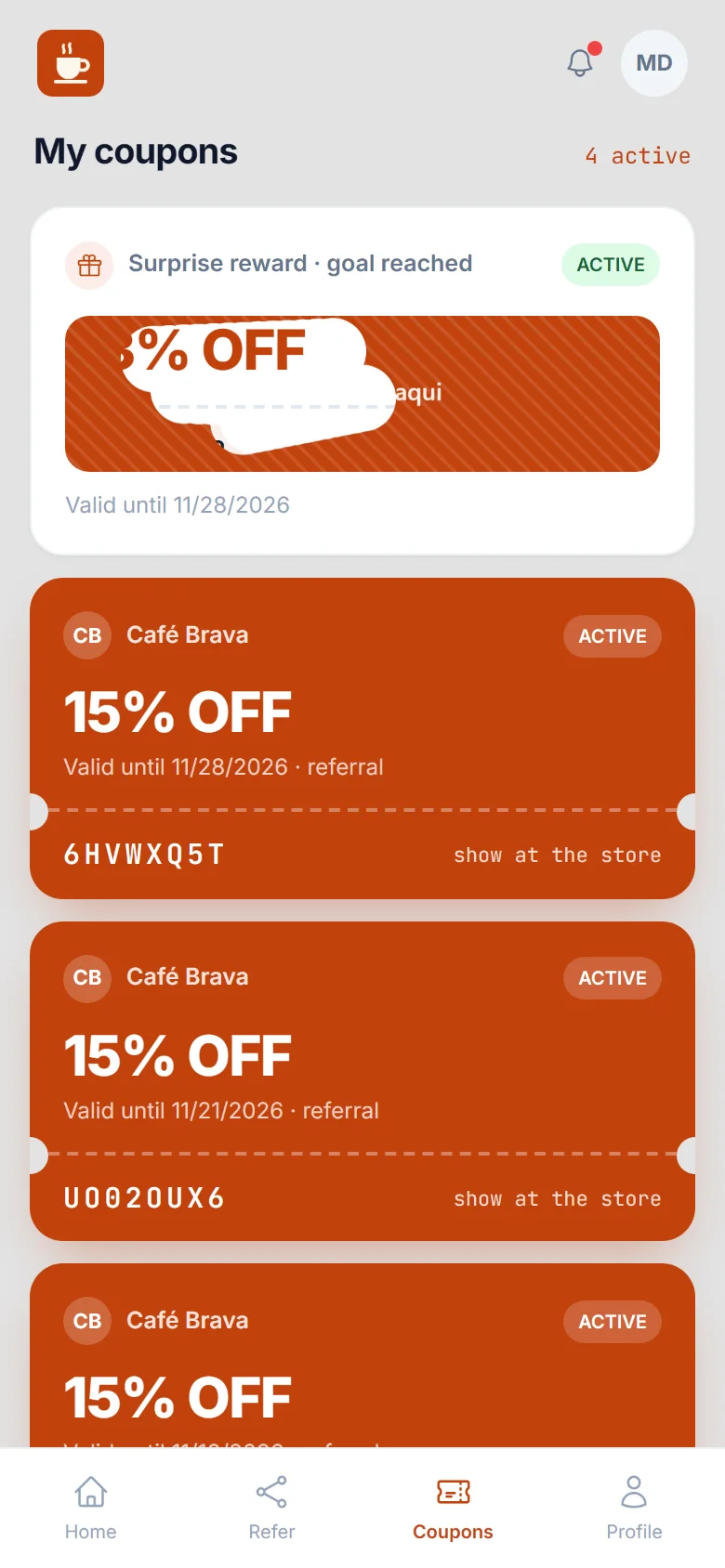 Store app with the customer scratching the prize card