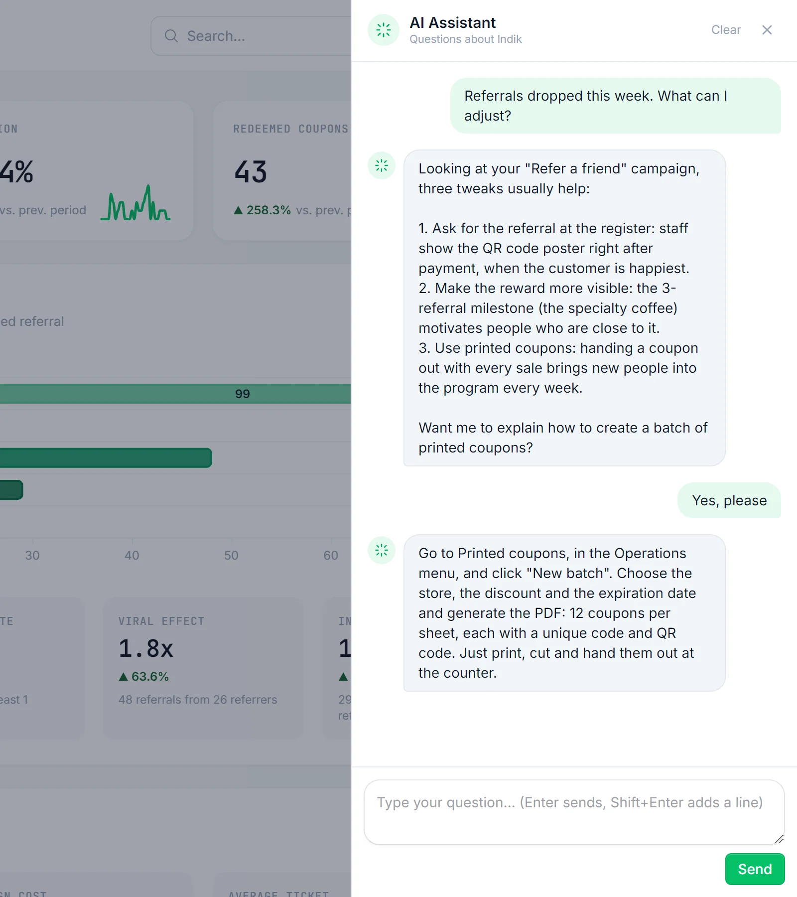AI assistant open on the Indik dashboard suggesting tweaks to increase referrals and explaining how to create printed coupons