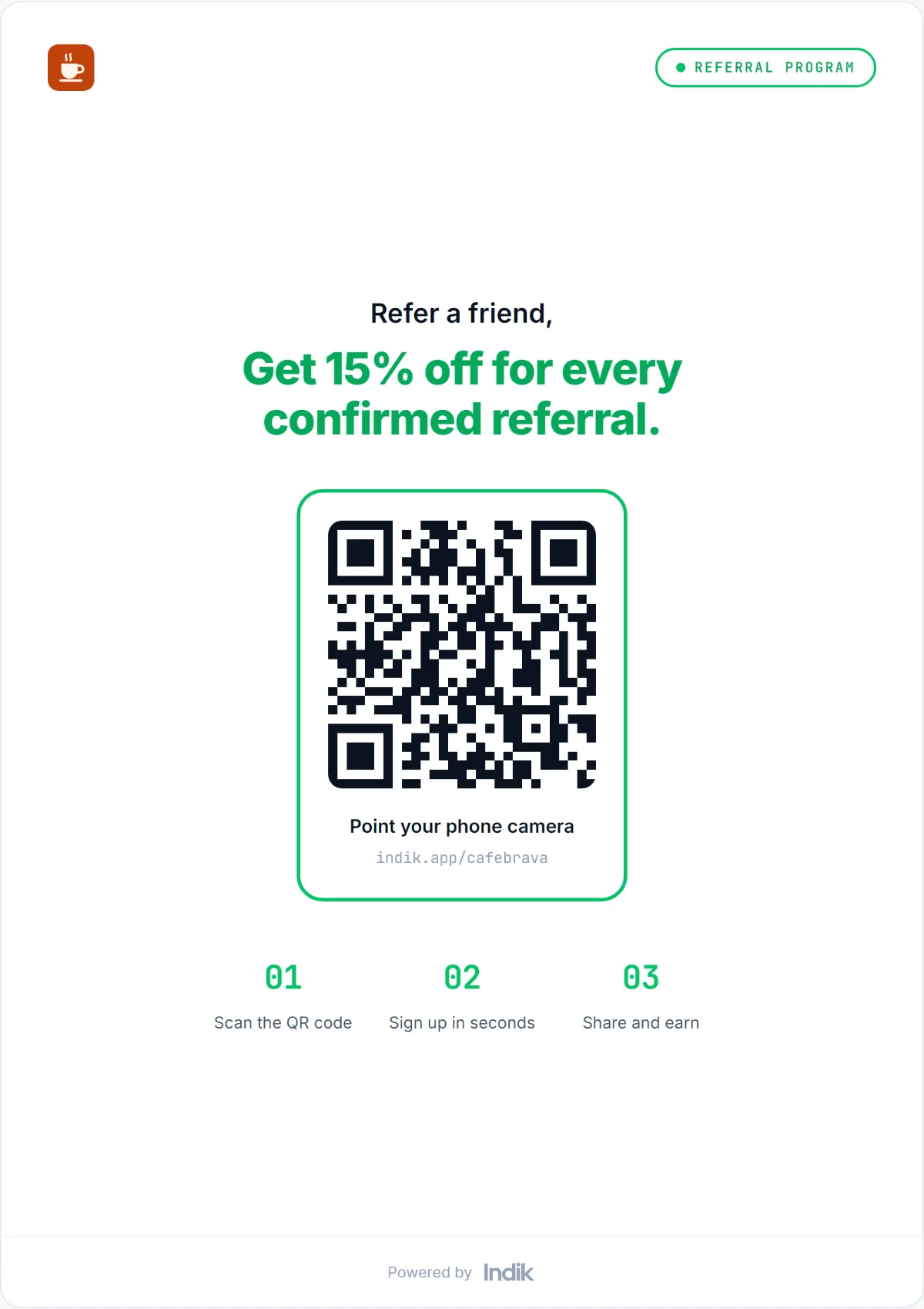Counter poster generated by Indik with the store's logo, the reward and the referral program QR code