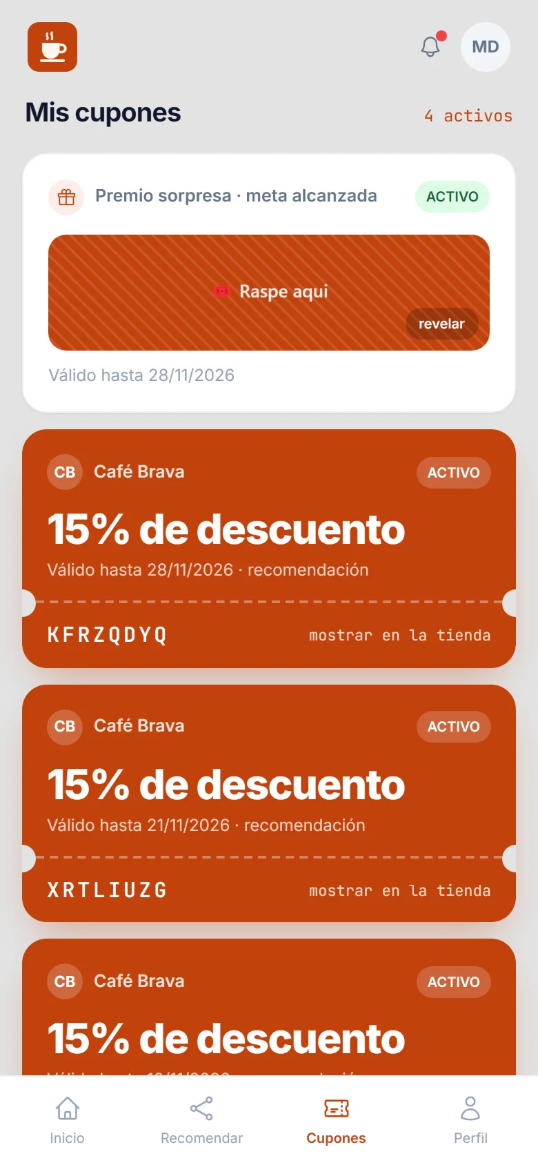 Cupones de la clienta en la app de Café Brava, con 15% de descuento