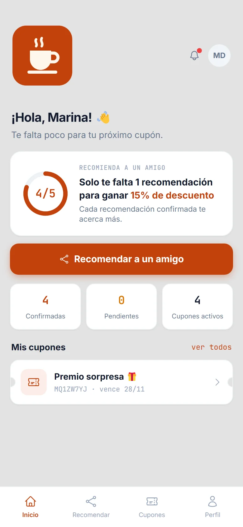 Pantalla de inicio de la app de Café Brava, con el progreso de recomendaciones de la clienta
